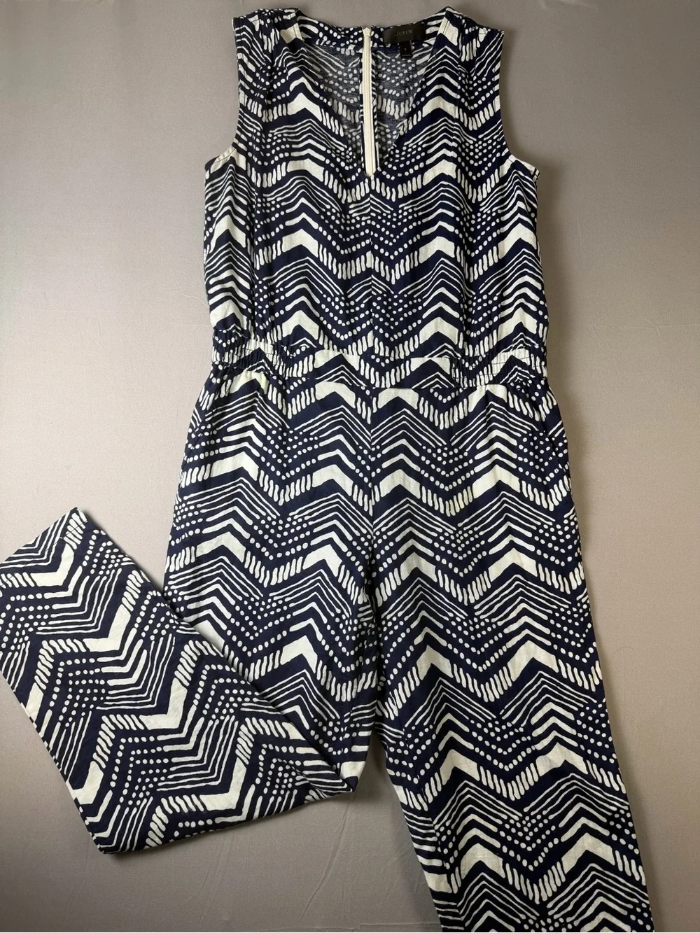 J. Crew Navy & White Chevron Linen and Cotton Jumpsuit Size 2 Elastic Waist NWOT